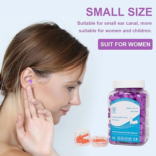 LYSIAN Slim Size Foam Ear Plugs for Small Ear Canals Women, Kids, 100 Pairs, 35dB SNR Noise Canceling Earplugs for Sleeping, Work and Study (Purple) - Image 2