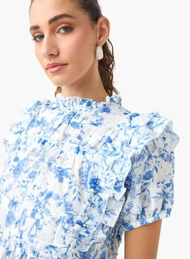2Xtremz 2Xtremz Floral Print High Neck Peplum Top with Ruffles