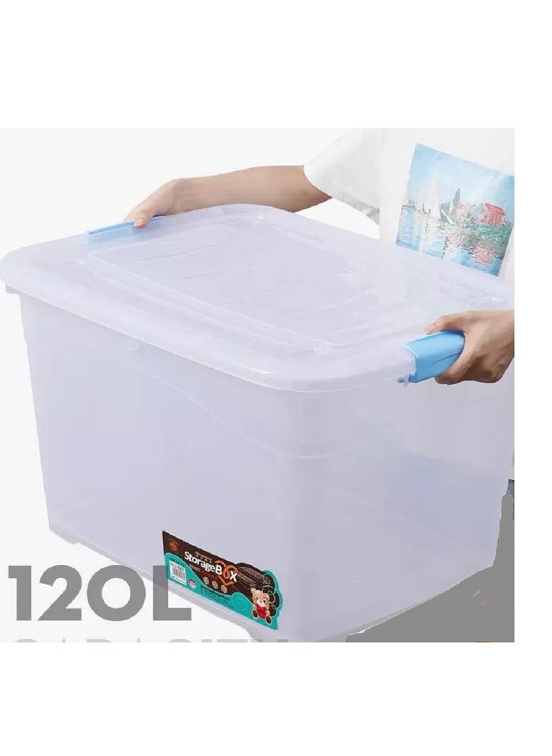 Generic Transparent plastic storage box with lid and handles, green, 120 litres 