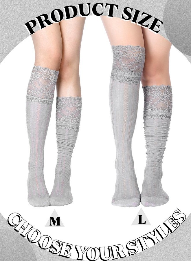 جوارب نسائية دانتيل من فورلوو، 6 أزواج، جوارب دانتيل طويلة تصل إلى الفخذ مع حواف، جوارب لوليتا طويلة فوق الركبة للنساء، أسود، أبيض، رمادي - Image 3
