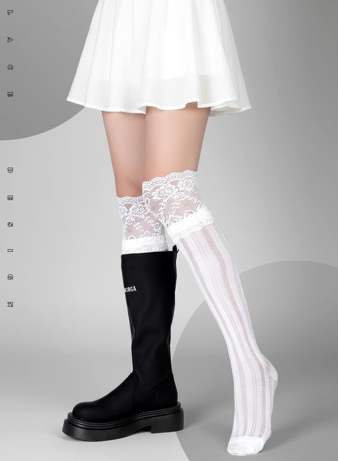 جوارب نسائية دانتيل من فورلوو، 6 أزواج، جوارب دانتيل طويلة تصل إلى الفخذ مع حواف، جوارب لوليتا طويلة فوق الركبة للنساء، أسود، أبيض، رمادي - Image 2
