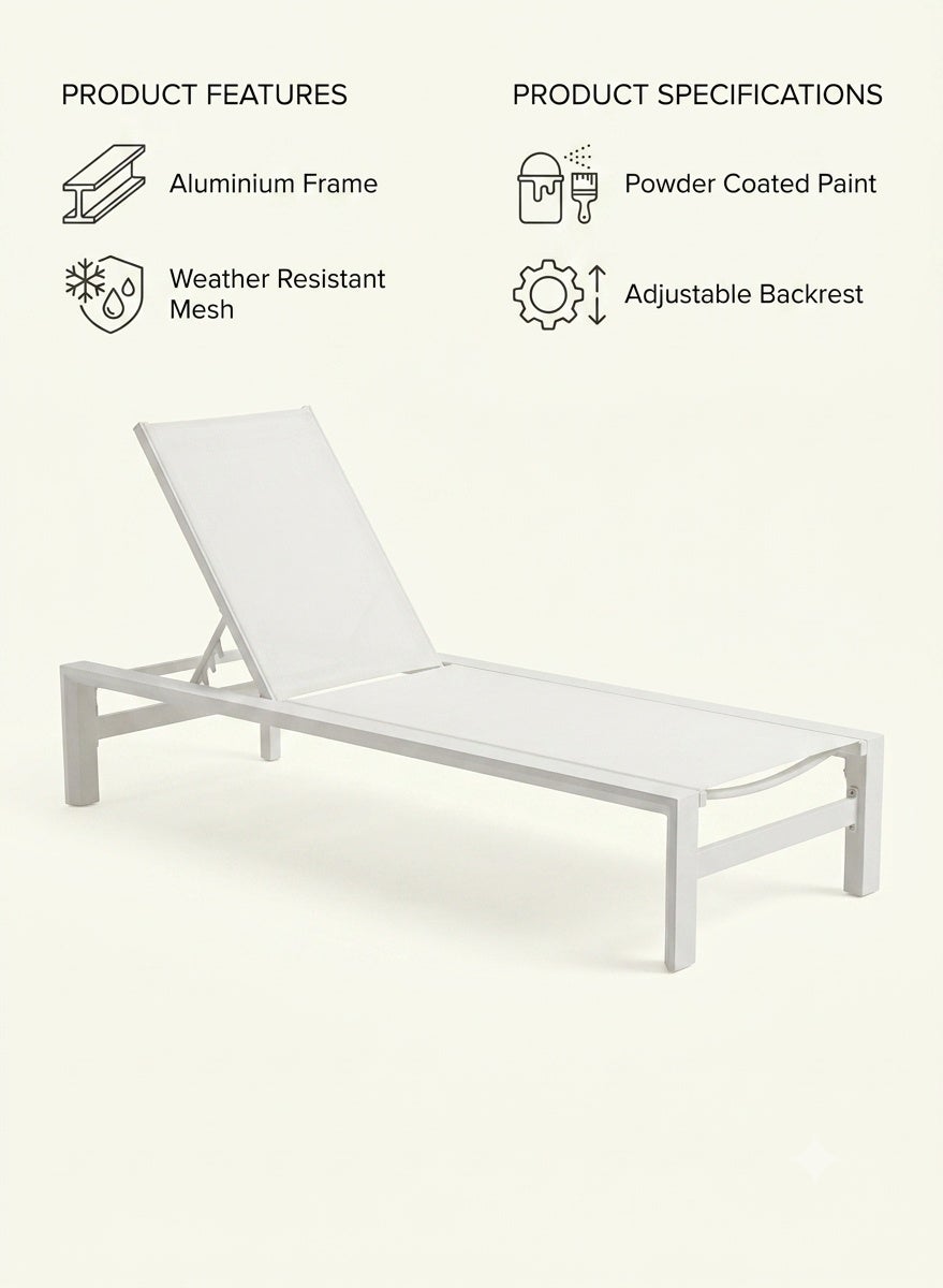 Premium Adjustable Outdoor Sun Lounger – Rust-Resistant Aluminum Frame with Weather-Resistant Mesh, White – Perfect for Poolside and Patio