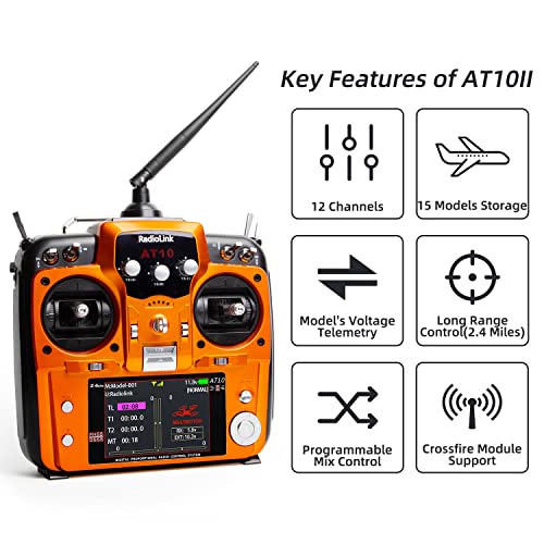 RADIOLINK راديو لينك AT10II جهاز إرسال واستقبال RC 12 قناة R12DS 2.4GHz للتحكم عن بُعد، قياس الجهد للطائرات RC، طائرات FPV، الطائرات الرباعية، الهليكوبتر، السيارات والقوارب (الوضع 2 دواسة يسارية) - Image 2