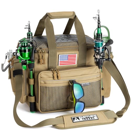 Ghosthorn Fishing Tackle Bag with Rod Holder Saltwater Freshwater Resistant Tackle Box Bag Adjustable Padded Shoulder Strap Khaki - Image 1