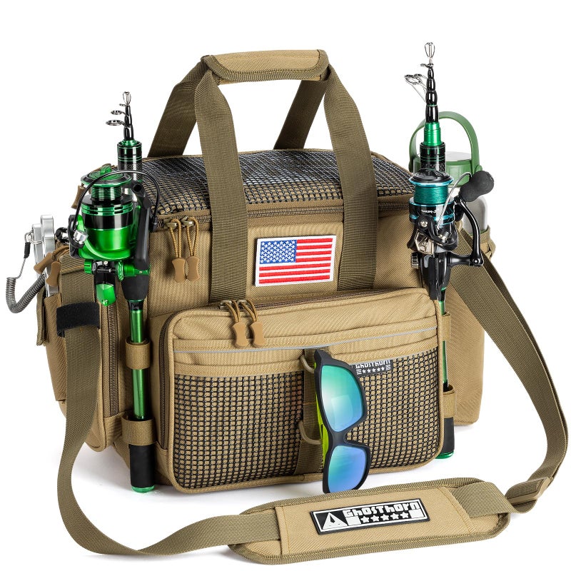 Ghosthorn Fishing Tackle Bag with Rod Holder Saltwater Freshwater Resistant Tackle Box Bag Adjustable Padded Shoulder Strap Khaki - Image 2