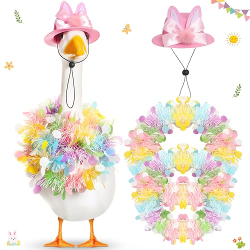 Jeere Easter Bunny Goose Outfits Including 2 Pcs Tinsel Garlands and 1 Pcs Goose Hat Decor for 17 23 CementPlastic Porch Statue - Image 1