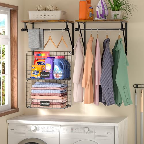 DAOUTIME Laundry Room Shelves Wall Mounted with Wire Baskets, Over the Washer and Dryer Shelf with Clothes Drying Rack, Wire Shelves Baskets for Laundry Closet Organization and Storage, Wood+Metal, Black - Image 2