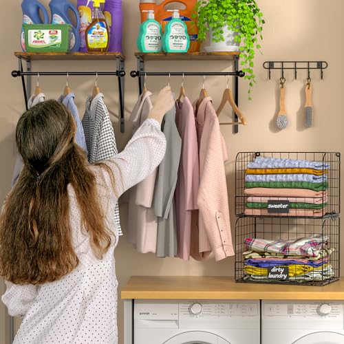 DAOUTIME Laundry Room Shelves Wall Mounted with Wire Baskets, Over the Washer and Dryer Shelf with Clothes Drying Rack, Wire Shelves Baskets for Laundry Closet Organization and Storage, Wood+Metal, Black - Image 3