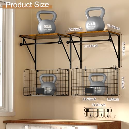 DAOUTIME Laundry Room Shelves Wall Mounted with Wire Baskets, Over the Washer and Dryer Shelf with Clothes Drying Rack, Wire Shelves Baskets for Laundry Closet Organization and Storage, Wood+Metal, Black - Image 4