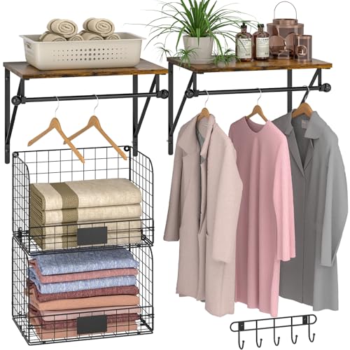 DAOUTIME Laundry Room Shelves Wall Mounted with Wire Baskets, Over the Washer and Dryer Shelf with Clothes Drying Rack, Wire Shelves Baskets for Laundry Closet Organization and Storage, Wood+Metal, Black - Image 1