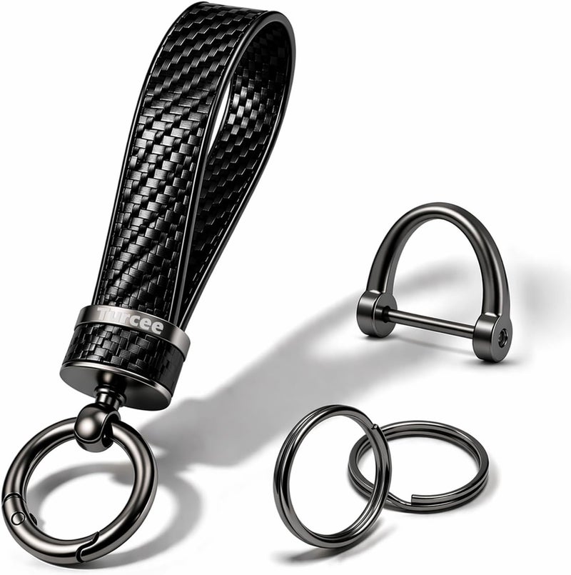Turcee Leather Car Keychain - Carbon Fiber Interior Key Fob with Anti-Lost D-Ring - Car Accessory Key Ring (Black) - Image 2