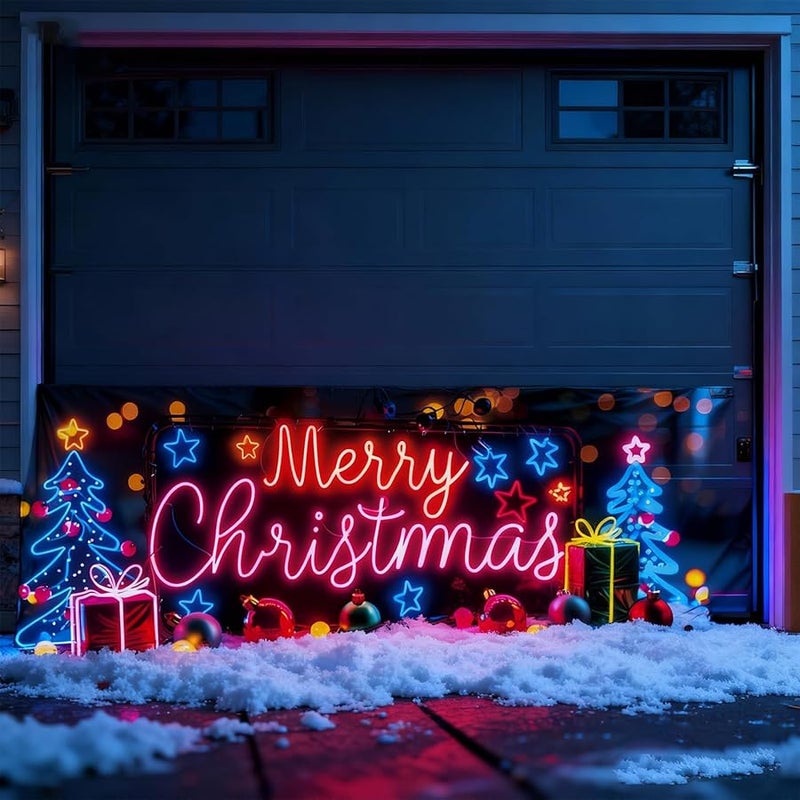 Style B UV Activated Glowing Christmas Garage Door Cover Banner with Santa and Elf - Image 3