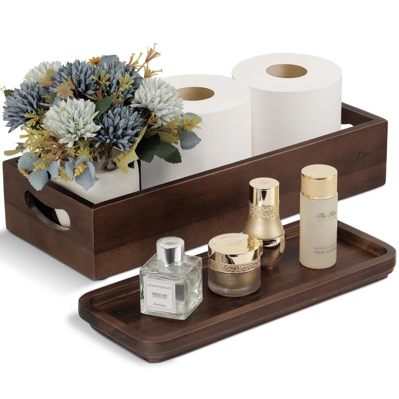 DEMIGO Handmade Toilet Tank Basket Topper & Vanity Tray Set of Natural Acacia Wood by DEMIGO, Created by Skilled Artisans, Smooth, Durable, Attractive Decor for Bathroom, Kitchen, Home, Spa (Dark Brown) - Image 1