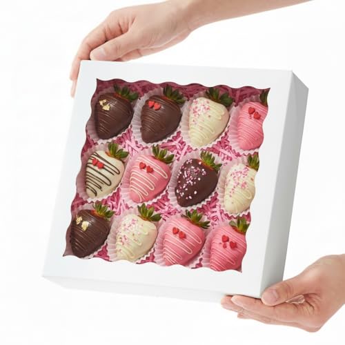 RomanticBaking 50pcs 9x9x25 Inches Pie Boxes Chocolate Covered Strawberries Boxes Cookies Boxes Breakable Hear Cakesickle Packaging Chocolate Truffle Box - Image 1