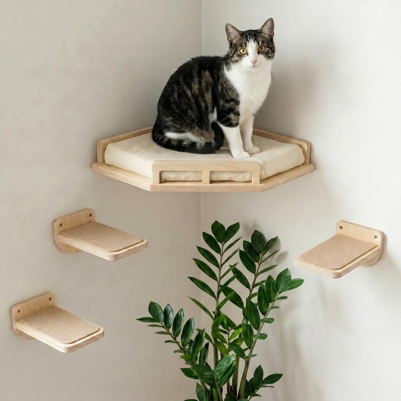 INICIO Cat Wall Shelves w/Corner Cat Shelf and 3 Steps, Easy Install Wall Climbing for Cats, Modern and Durable Shelves for Cats, Suitable for Small and Medium Size up to 22lbs - Image 1