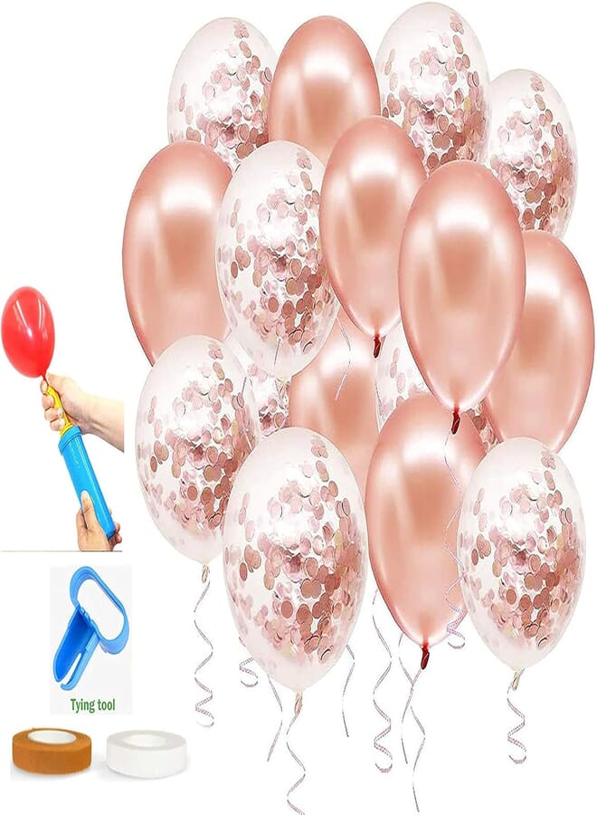 UNS Confetti Latex Balloons with Ribbons (White, Rose Gold, 12in) - 60 Pieces