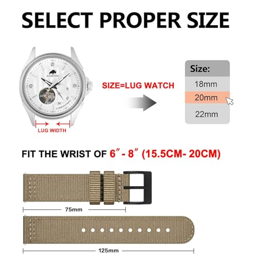 BISONSTRAP Men’s Nylon Watch Bands, Two-Piece Military Watch Straps, Quick Release, Brushed Buckle, 19mm, Khaki (Black Buckle) - Image 5