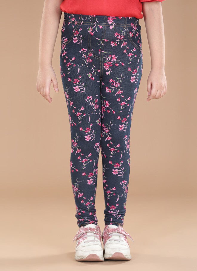 StyleStone Girls Navy-Blue & Pink Floral Printed Cotton Jeggings - Image 1