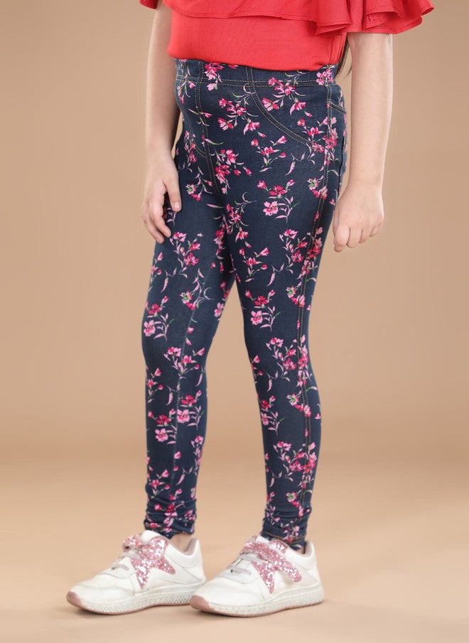 StyleStone Girls Navy-Blue & Pink Floral Printed Cotton Jeggings - Image 2