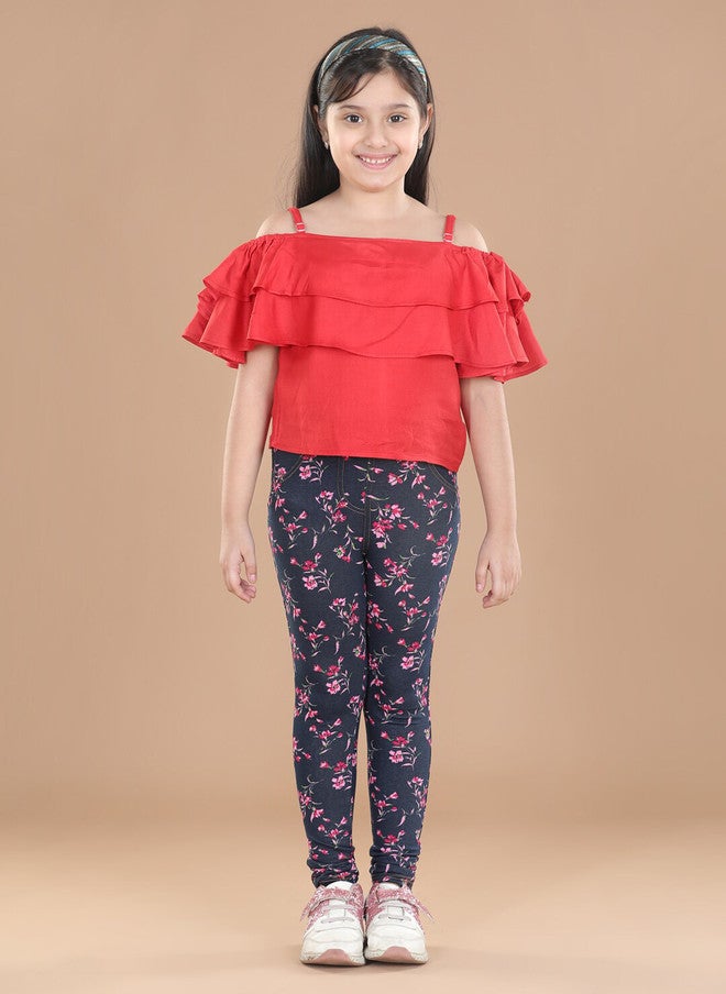 StyleStone Girls Navy-Blue & Pink Floral Printed Cotton Jeggings - Image 4