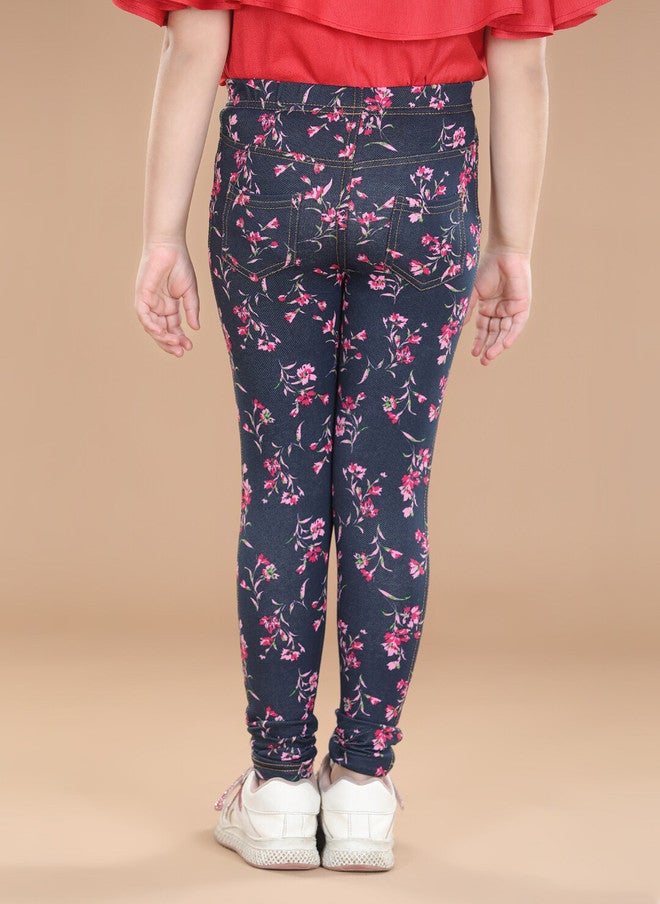 StyleStone Girls Navy-Blue & Pink Floral Printed Cotton Jeggings - Image 3