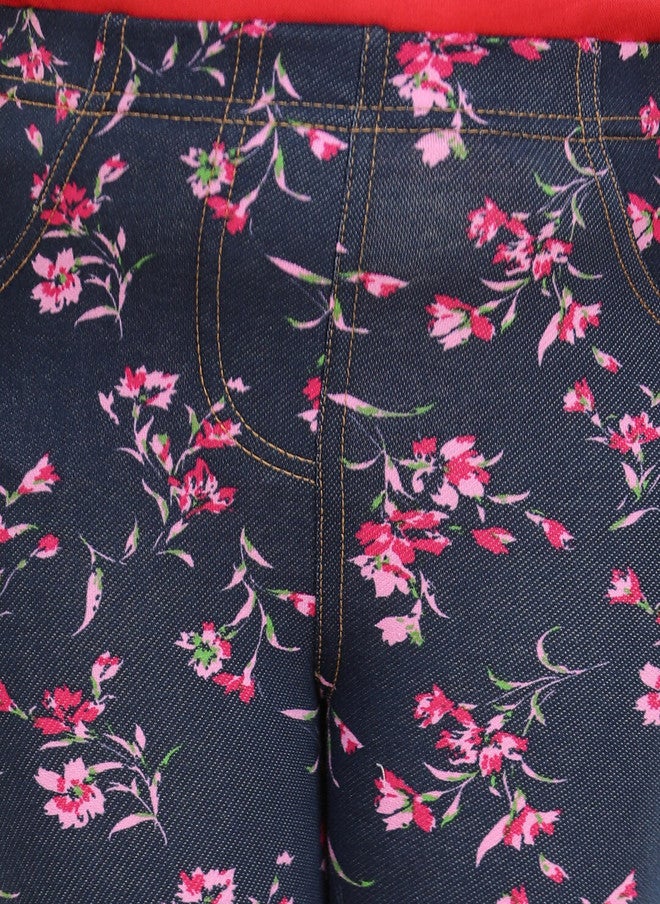 StyleStone Girls Navy-Blue & Pink Floral Printed Cotton Jeggings - Image 5