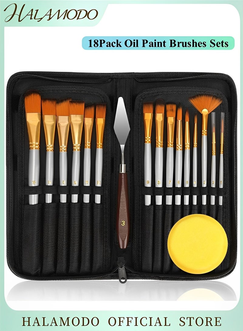 HALAMODO 18Pack Oil Paint Brushes Sets Professional Artist Acrylic Brush Kits for Canvas Painting Ceramic Including 15 Sizes Brush & 1 Standing Organizer & 1 Mixing Knife & 1 Watercolor Sponge  - Image 1