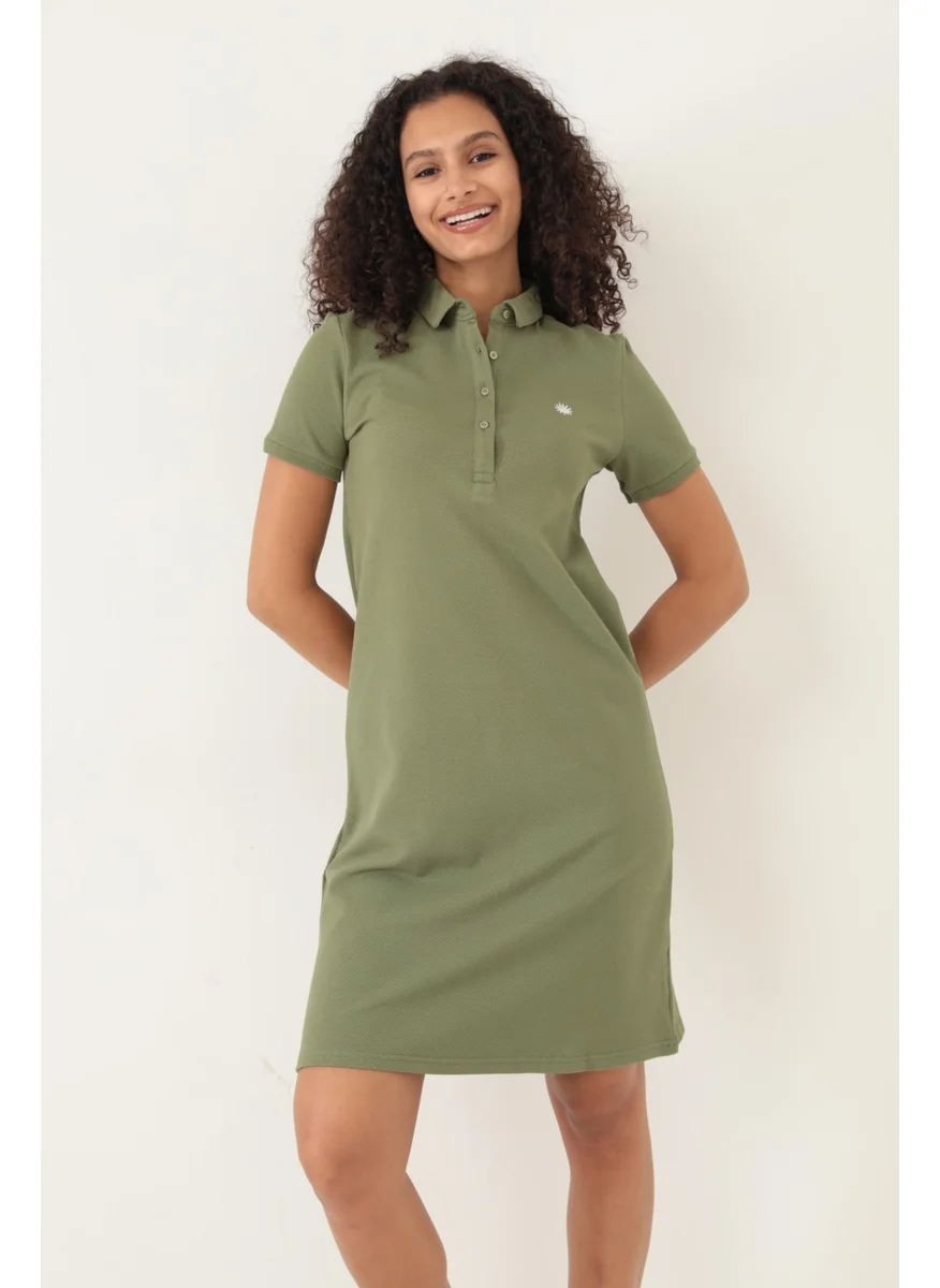 Miron Khaki Women's Polo Collar Short Sleeve Knitted Dress -2431