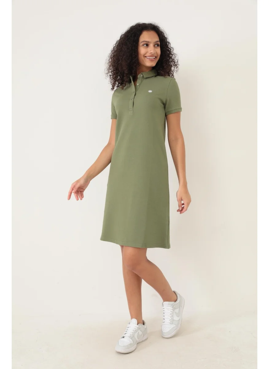 Miron Khaki Women's Polo Collar Short Sleeve Knitted Dress -2431