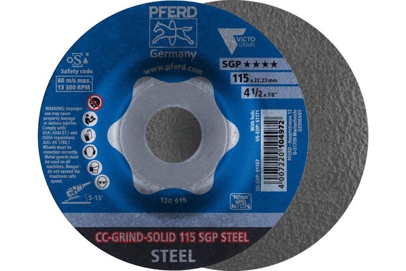 Pferd Grinding Disc, Cc-Grind-Solid, 4-1/2 Inch X 7/8, Sgp Steel Victograin, Ceramic - Image 1
