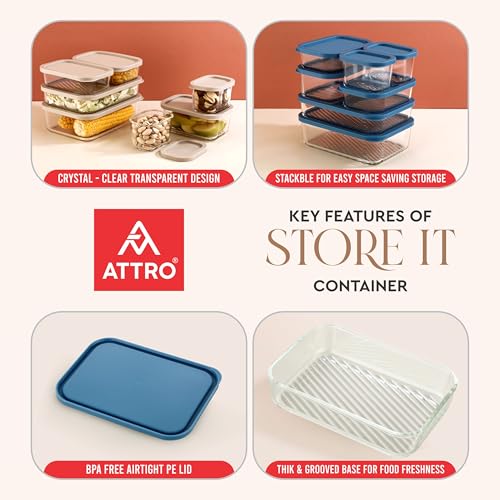 ATTRO Glassox Storeit Borosilicate Glass Storage Containers – 1200ml, Set of 4, Transparent & Stackable with PE Lids, Microwave, Fridge & Dishwasher Safe, Ideal for Kitchen & Leftovers- Ivory - Image 3