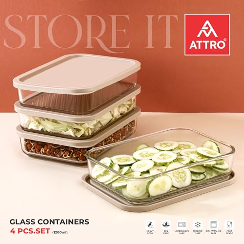 ATTRO Glassox Storeit Borosilicate Glass Storage Containers – 1200ml, Set of 4, Transparent & Stackable with PE Lids, Microwave, Fridge & Dishwasher Safe, Ideal for Kitchen & Leftovers- Ivory - Image 2