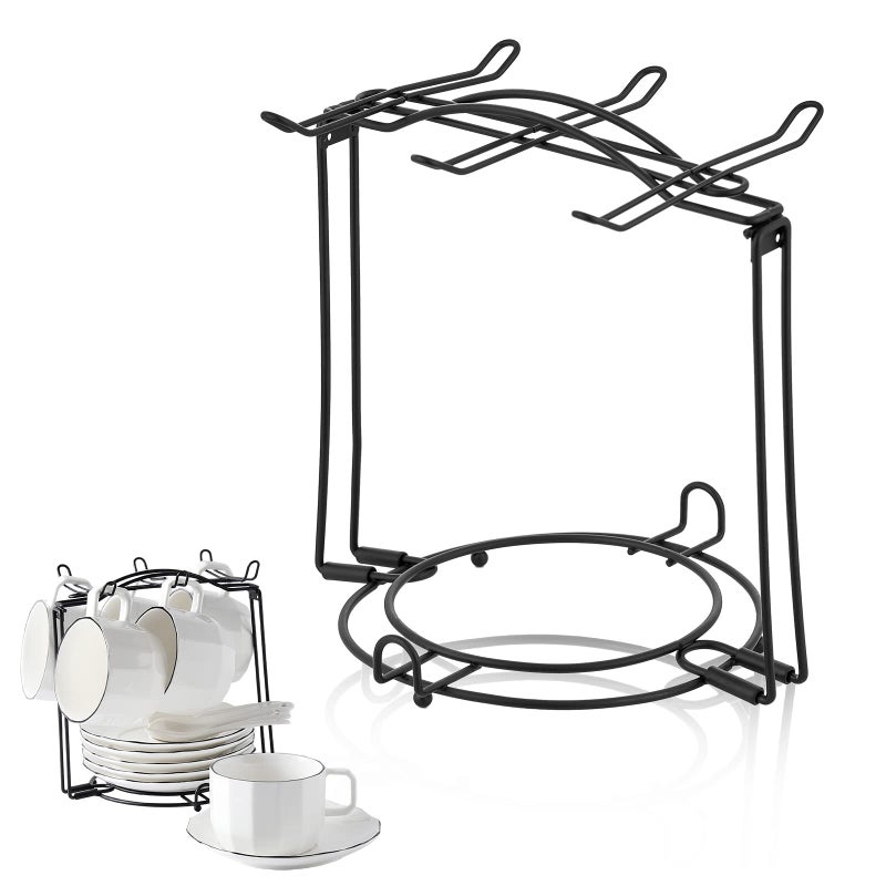 CHILDIKE Tea Cup Holder Coffee Cups and Saucers Display Stand Metal Foldable Storage Rack for Espresso and Cappuccino Cup Black - Image 2