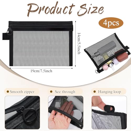 CoolShef 4 PCS Small Mesh Cosmetic Pouch with Zipper – Mini Net Travel Organizer Bags, Black Zipper Mesh Toiletry and Cosmetic Bags for Makeup, Keys, Coins, Accessories - Image 2