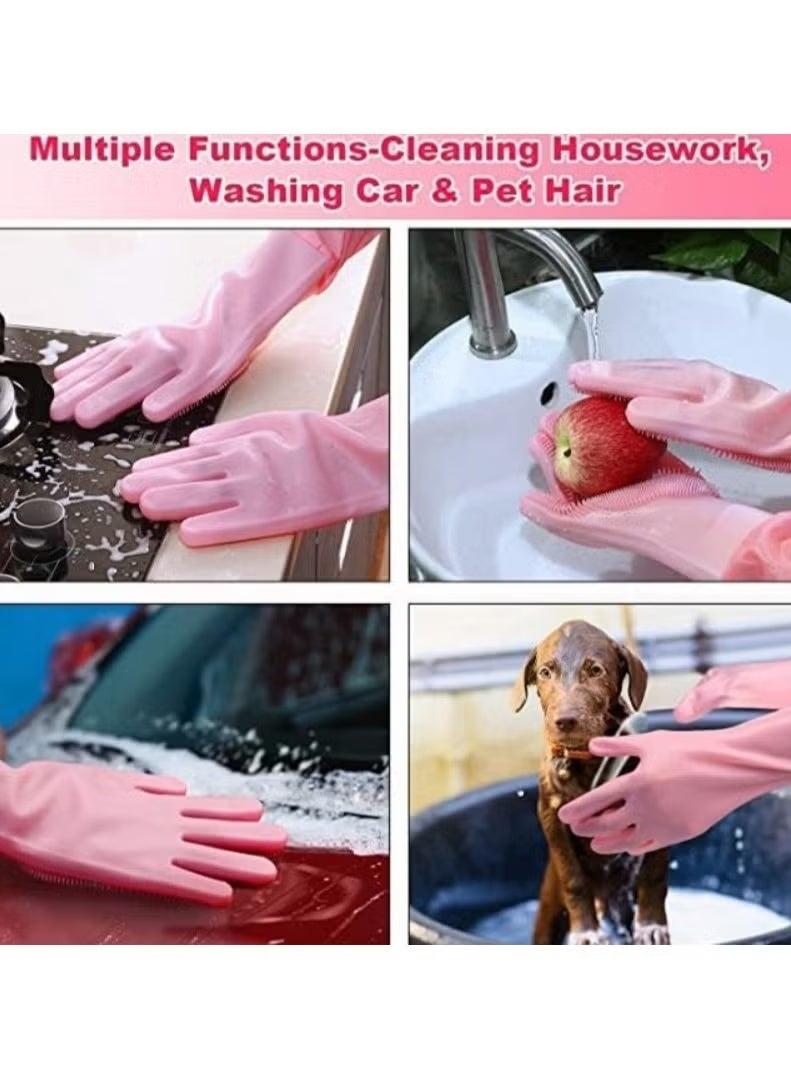 Silicone Gloves with Heat Resistant Brush for Cleaning Dishwashing Car - Reusable Silicone Dishwashing Gloves- 1 Pair (Multiple Colors) - Image 5