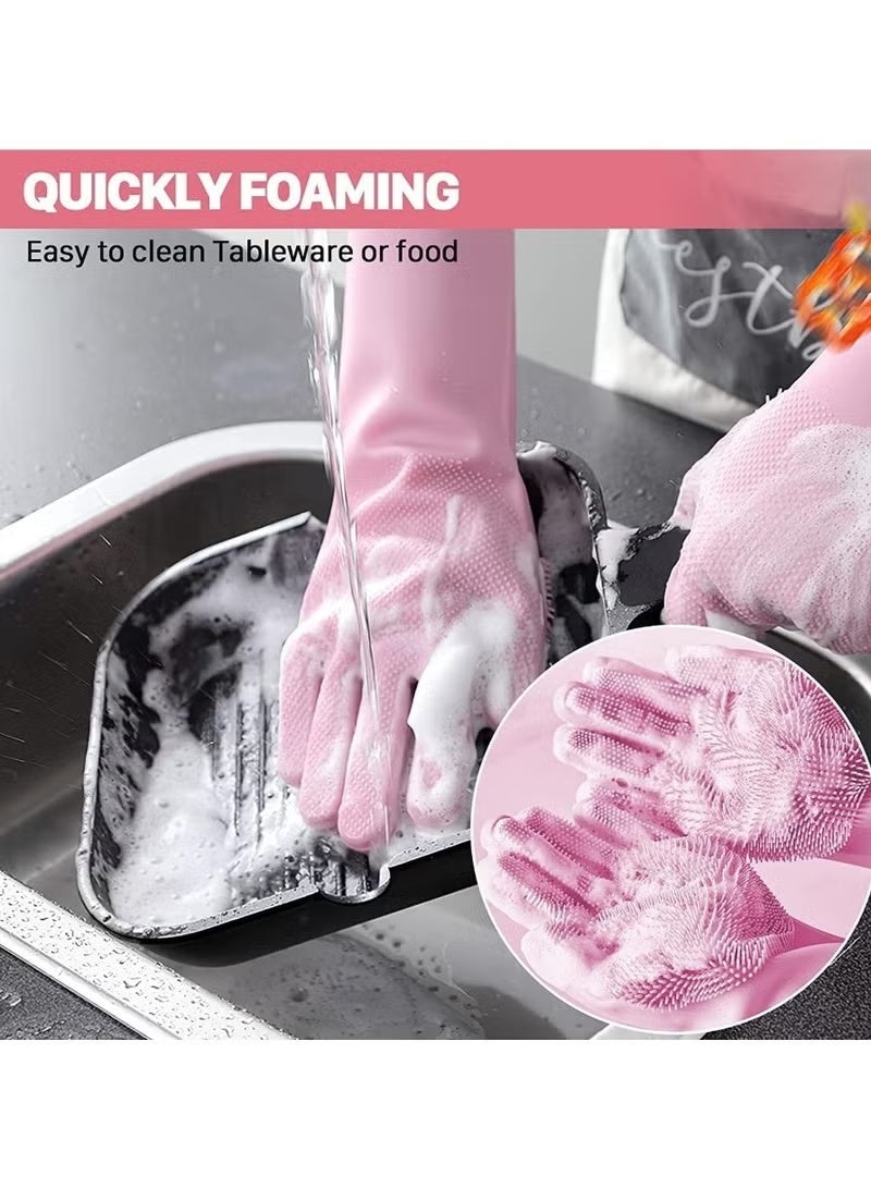Silicone Gloves with Heat Resistant Brush for Cleaning Dishwashing Car - Reusable Silicone Dishwashing Gloves- 1 Pair (Multiple Colors) - Image 2