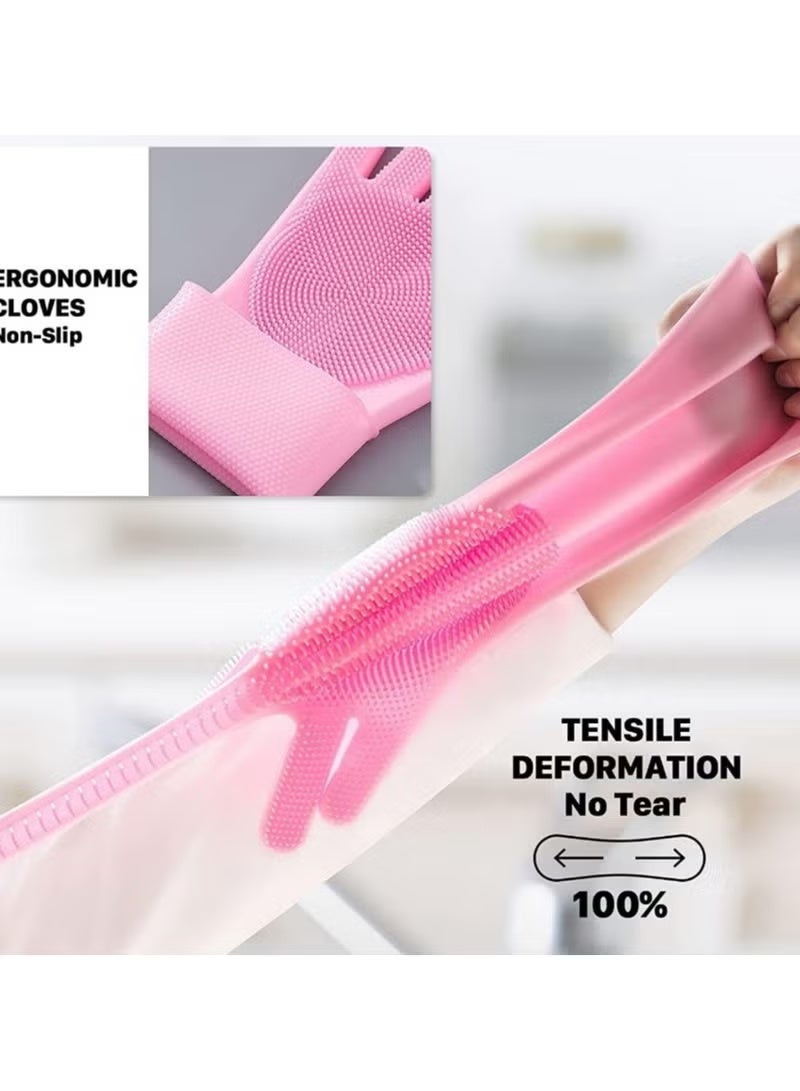 Silicone Gloves with Heat Resistant Brush for Cleaning Dishwashing Car - Reusable Silicone Dishwashing Gloves- 1 Pair (Multiple Colors) - Image 3