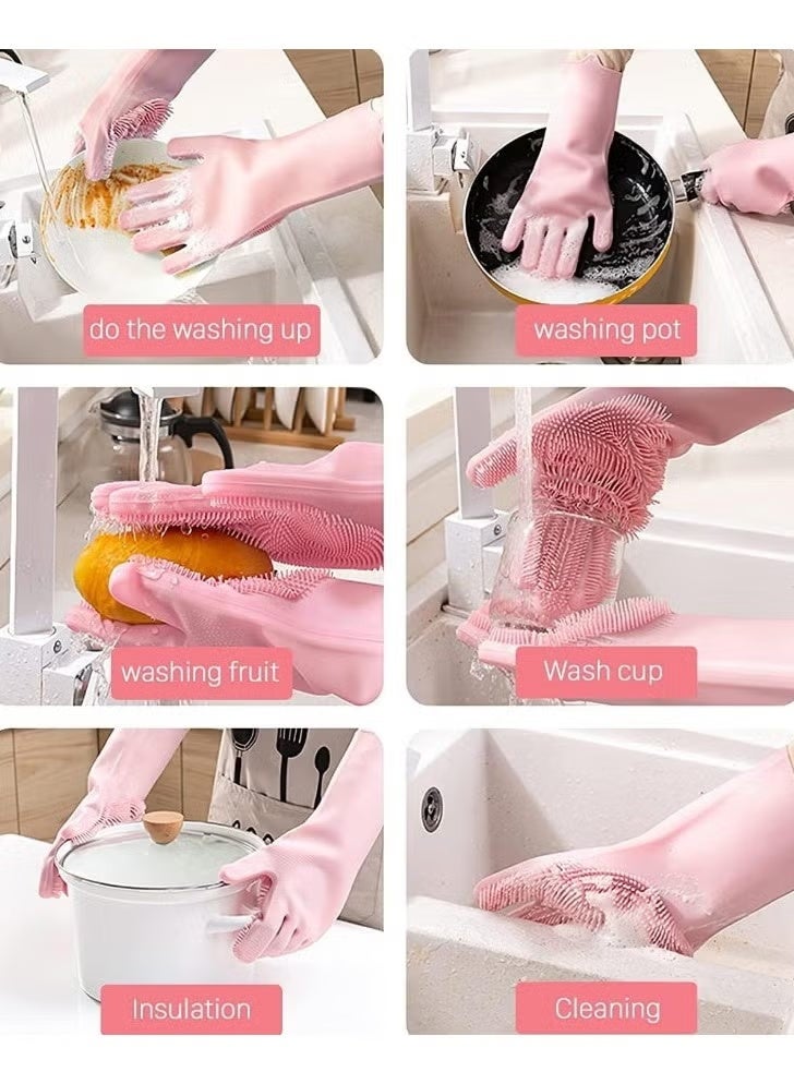Silicone Gloves with Heat Resistant Brush for Cleaning Dishwashing Car - Reusable Silicone Dishwashing Gloves- 1 Pair (Multiple Colors) - Image 4