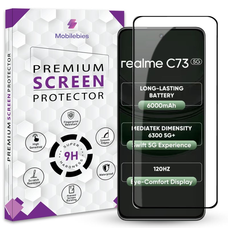 Mobilebies Premium Tempered Glass Screen Protector Guard For Realme C73 5G (6.67 Inch, Pack of 1) | Edge to Edge Coverage With Easy to installation kit - Image 1