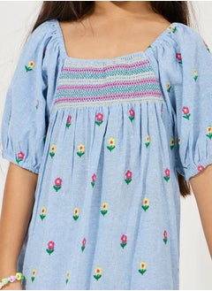 Styli Embroidered Detail A-Line Dress with Puff Sleeve  - Image 3
