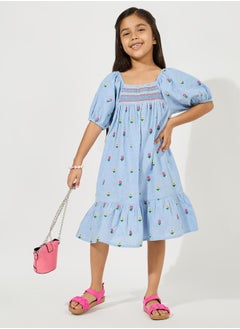 Styli Embroidered Detail A-Line Dress with Puff Sleeve  - Image 1