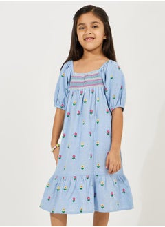 Styli Embroidered Detail A-Line Dress with Puff Sleeve  - Image 2