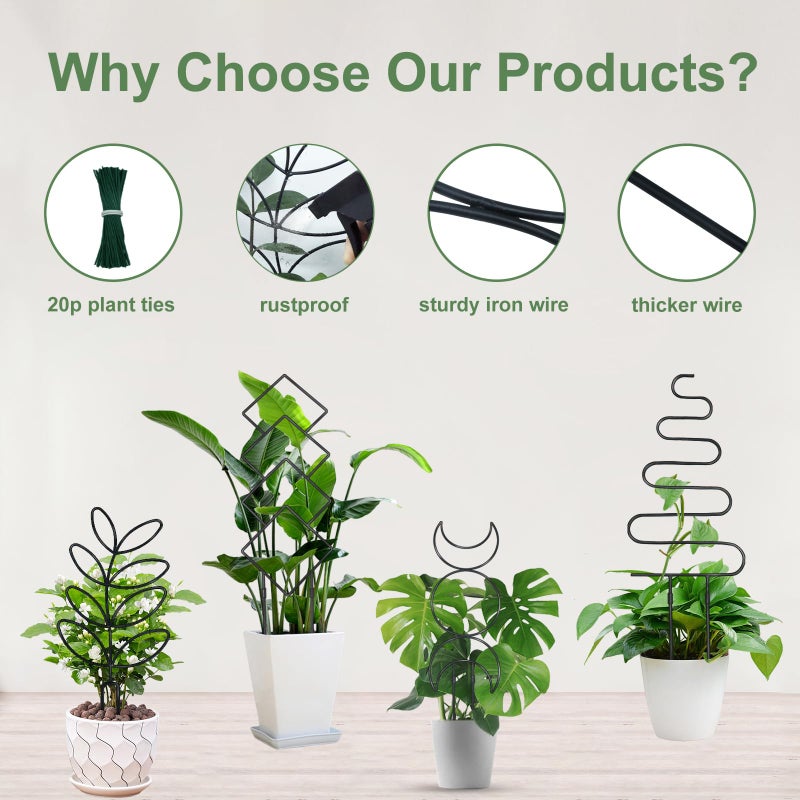 Xeeol Larger 23inch Plant Trellis for Climbing Plants Indoor, Trellis for Potted Plants with Ties, Metal Climbing Plant Support for Houseplant Flower Pothos, 4 Different Panels, Black - Image 2