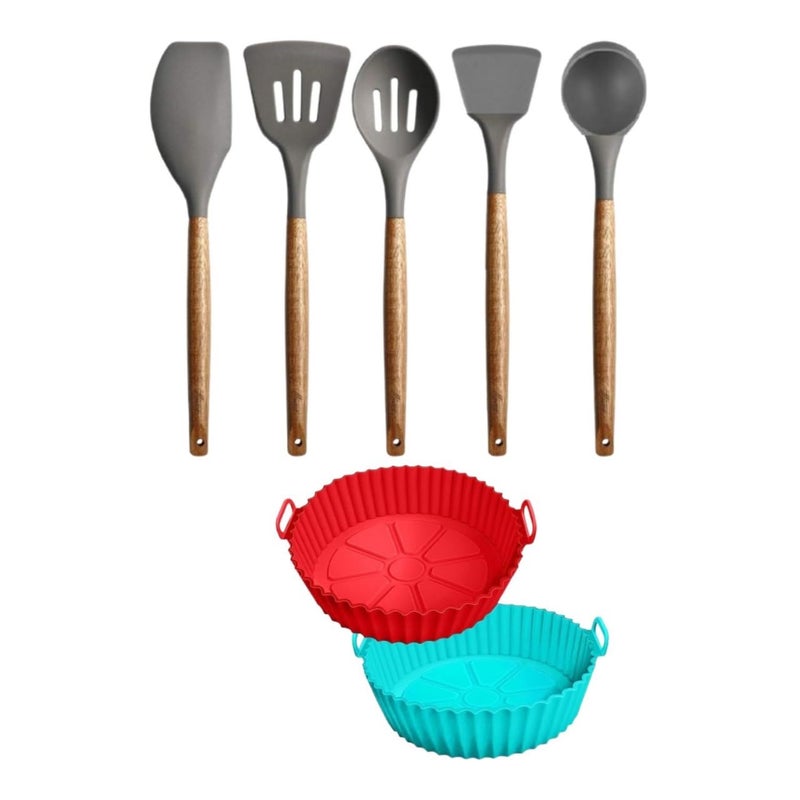 LEDHOLYT 2Piece Air Fryer Silicone Pot Liners 5Piece NonStick Silicone Spatula Set HeatResistant BPAFree Easy Clean Kitchen Tools  - Image 1