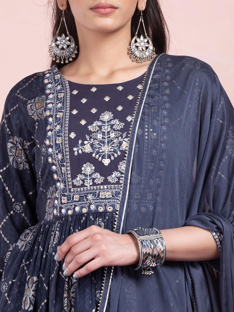 Indya Navy Blue Geometric Grid Print Chanderi A-Line Kurta with Pants and Dupatta (Set of 3) - Image 5
