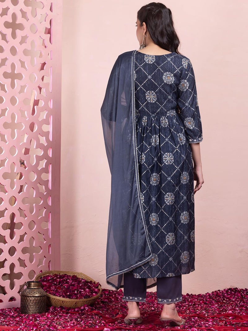 Indya Navy Blue Geometric Grid Print Chanderi A-Line Kurta with Pants and Dupatta (Set of 3) - Image 3