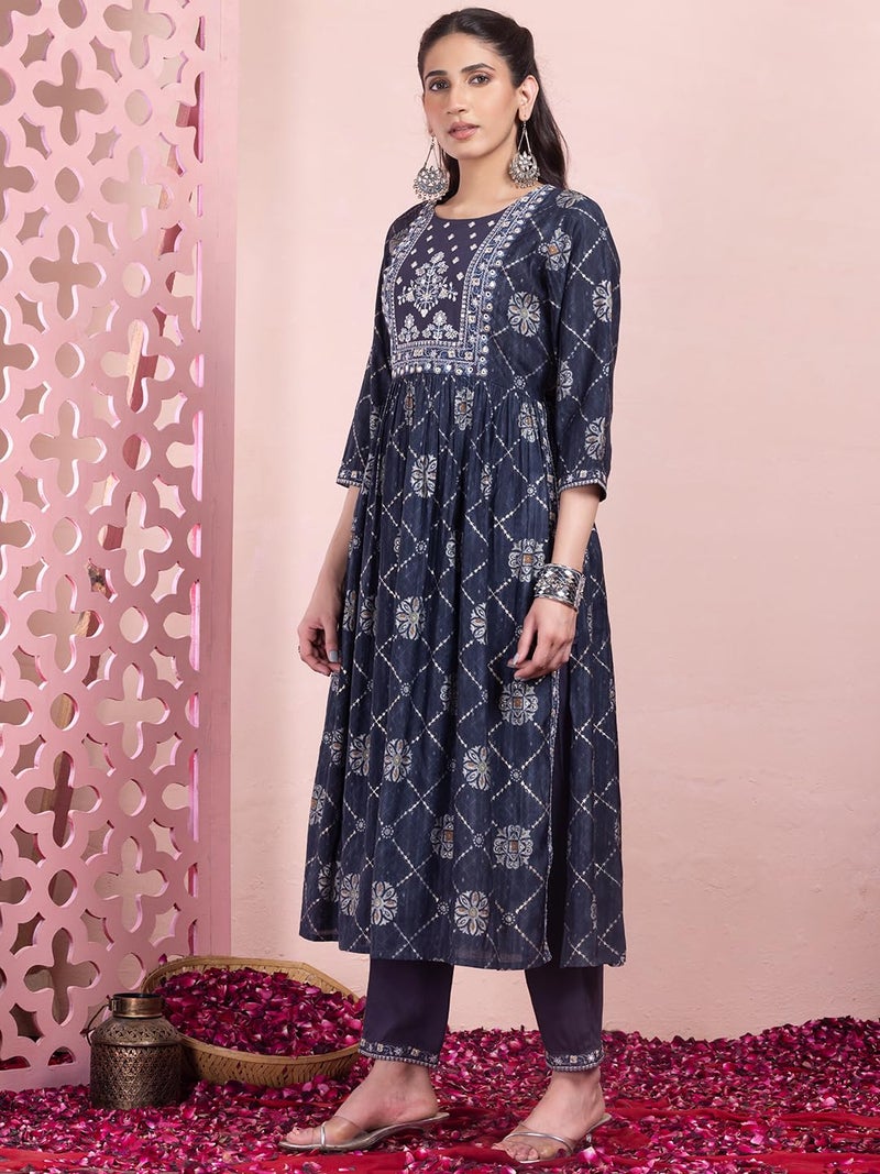 Indya Navy Blue Geometric Grid Print Chanderi A-Line Kurta with Pants and Dupatta (Set of 3) - Image 4