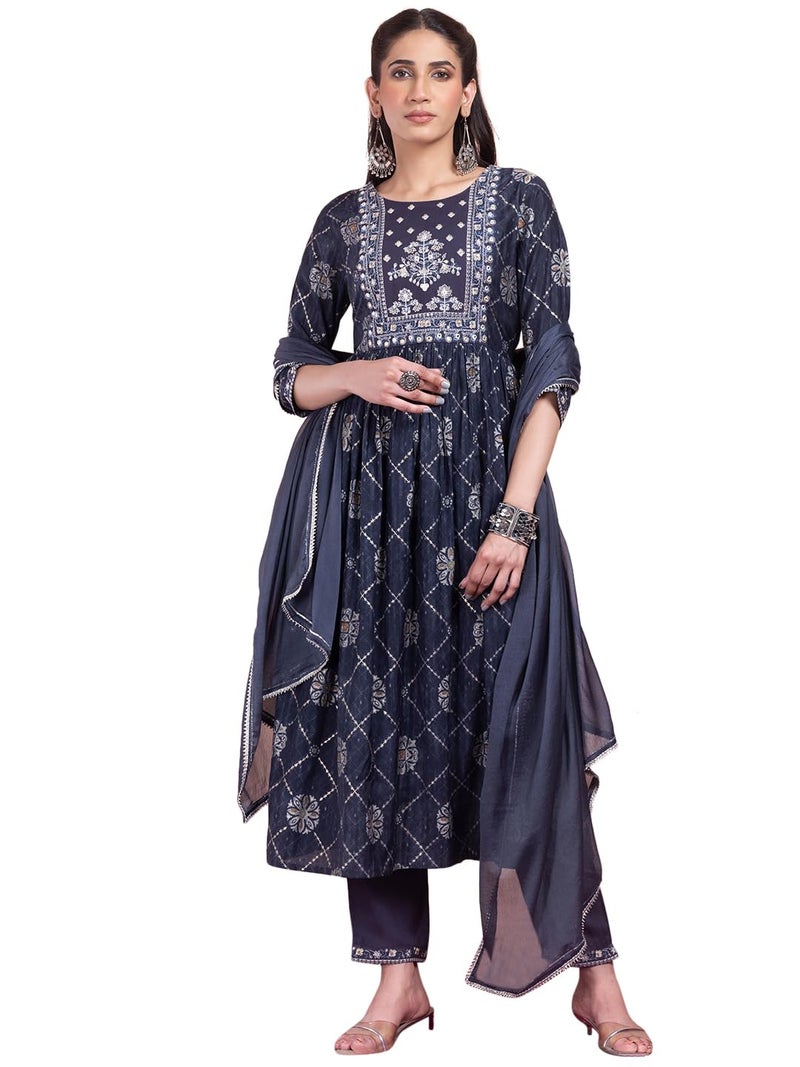 Indya Navy Blue Geometric Grid Print Chanderi A-Line Kurta with Pants and Dupatta (Set of 3) - Image 1