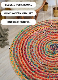 Raymond Jute Braided Boho Area Rug, Natural Hand Woven Jute Rag Rug - Farmhouse Reversible Rug Rustic Cotton Jute Rug Home Décor Vibrant Rag Rugs (152 cm x 152 cm - 5x5 Feet)  - Image 2