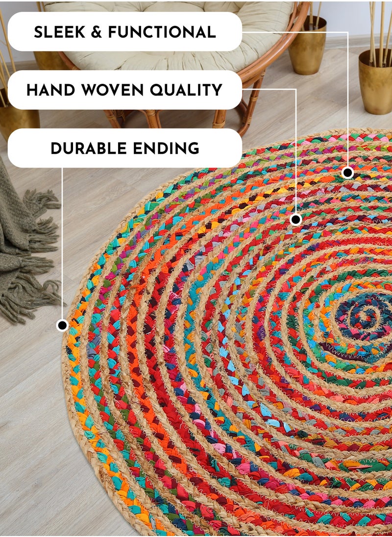 Raymond Jute Braided Boho Area Rug, Natural Hand Woven Jute Rag Rug - Farmhouse Reversible Rug Rustic Cotton Jute Rug Home Décor Vibrant Rag Rugs (152 cm x 152 cm - 5x5 Feet)  - Image 2